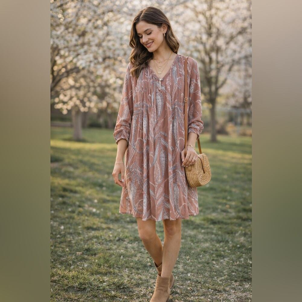 LOFT Outlet Dusty Rose Paisley Dress Long Sleeve Boho Spring Shift Romantic